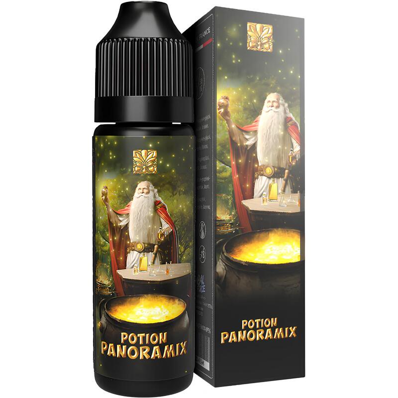 Flacon et boîte d'e-liquide Potion Panoramix Tribal Force avec illustration d'un druide et d'un chaudron magique doré.