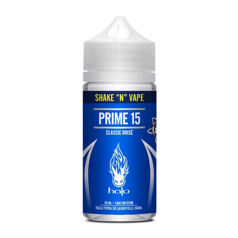Flacon d'e-liquide Halo Prime 15 de 50 ml avec étiquette bleue, logo flamme blanc et bouchon transparent.