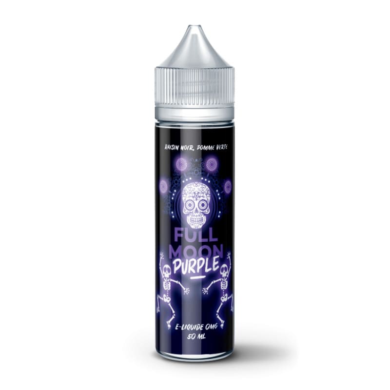Flacon 50ml d'e-liquide Full Moon Purple avec étiquette noire, motif de crâne mexicain violet et squelettes dansants.