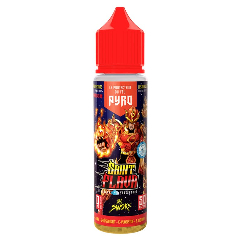Flacon de 50ml d'e-liquide Pyro Saint Flava par Swoke avec bouchon rouge et illustration de guerrier enflammé.