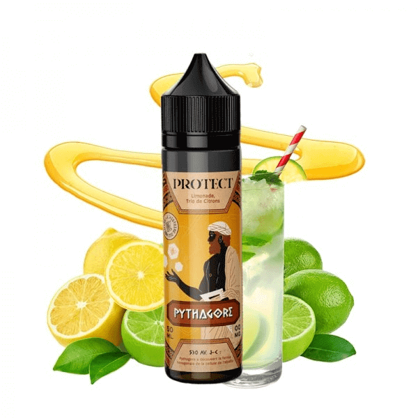 Flacon d'e-liquide Protect Pythagore 50ml avec illustration antique, entouré de citrons frais et d'un verre de limonade.