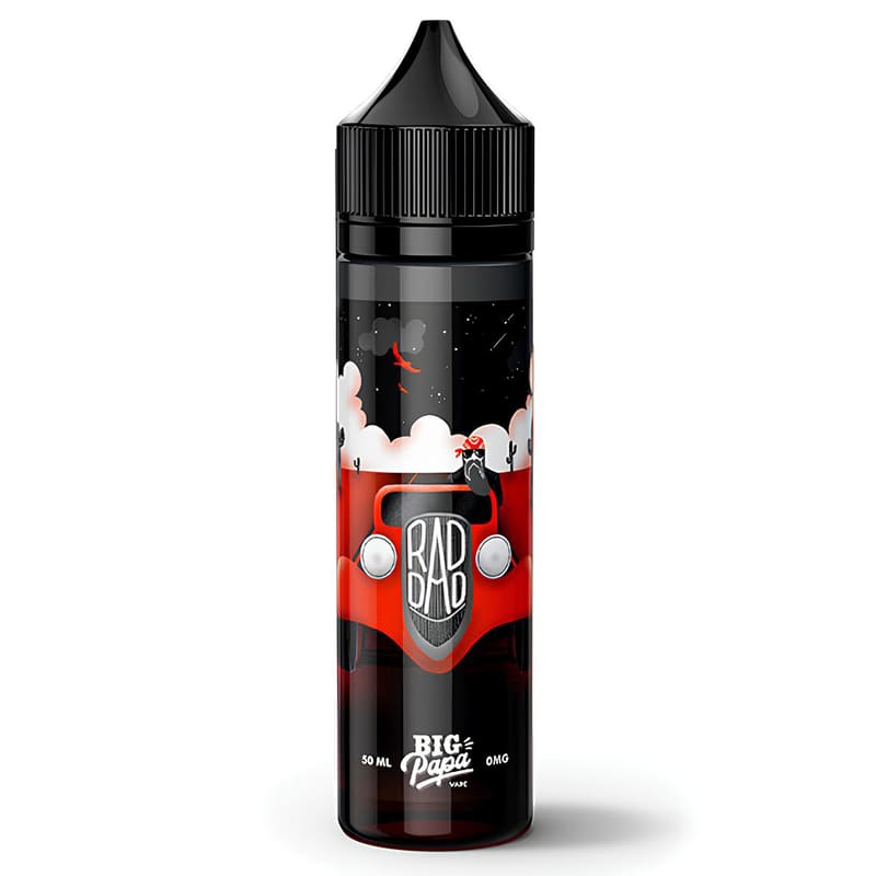 Flacon de 50 ml d'e-liquide Rad Dad Big Papa avec étiquette illustrée d'une voiture rouge et bouchon noir sécurisé.
