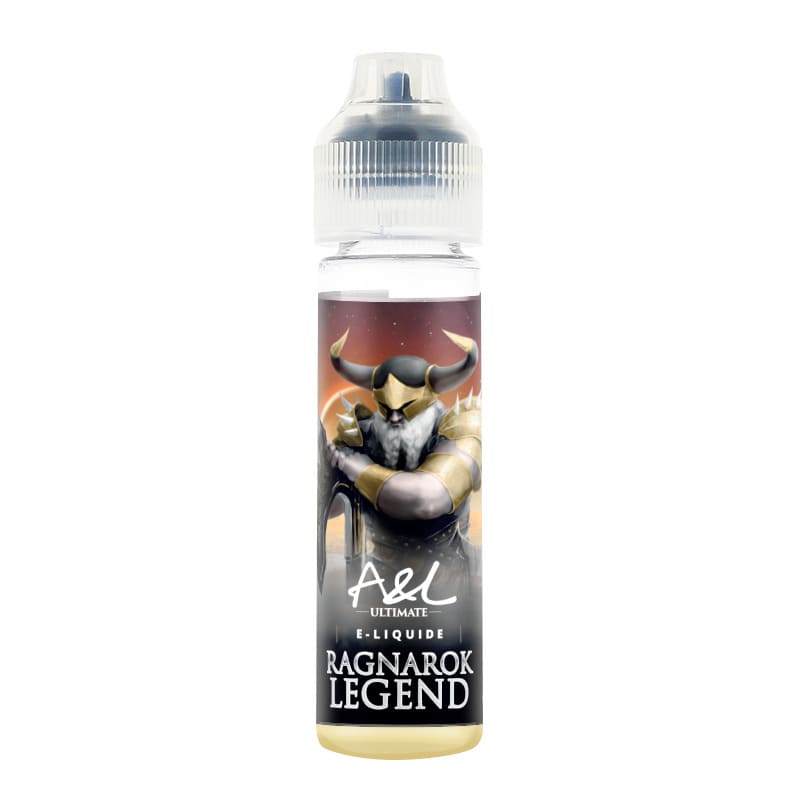 Flacon de 50ml d'e-liquide A&L Ultimate Ragnarok Legend avec étiquette illustrée d'un guerrier viking et bouchon transparent.