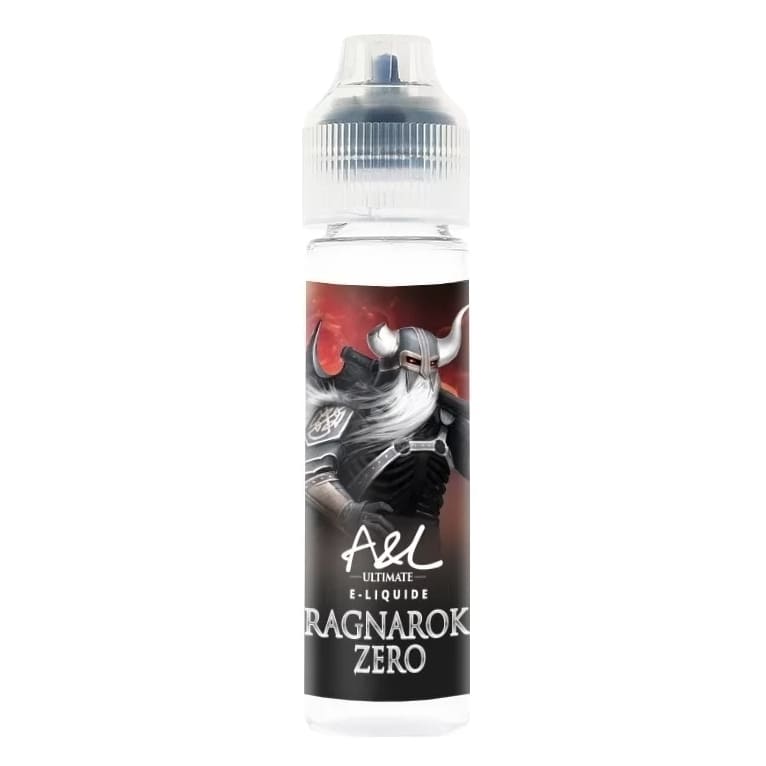 Flacon de 50ml d'e-liquide Ragnarok Zero A&L Ultimate avec étiquette illustrée d'un guerrier viking sur fond rouge.