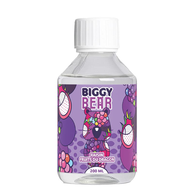 Flacon d'e-liquide Biggy Bear 200ml Raisin Fruit du Dragon avec étiquette violette illustrée d'un ours et de fruits.