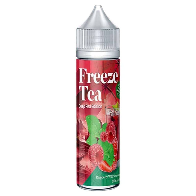 Flacon de 50ml Freeze Tea Raspberry Mint & Wild Strawberry avec étiquette rouge illustrée de framboises et menthe.