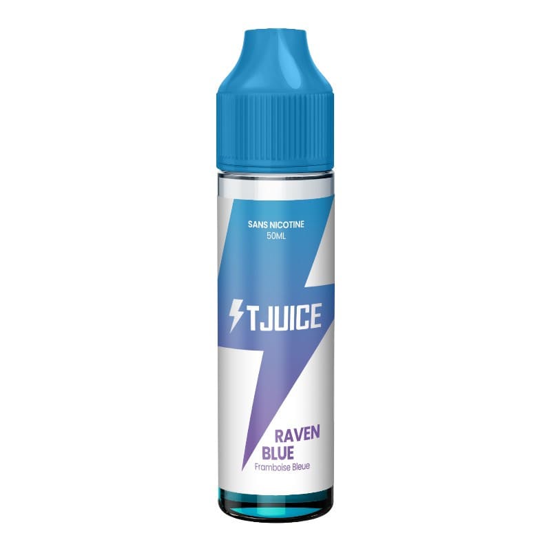 Flacon d'e-liquide T-Juice Raven Blue 50ml avec bouchon bleu, étiquette blanche et éclair bleu sur fond blanc.