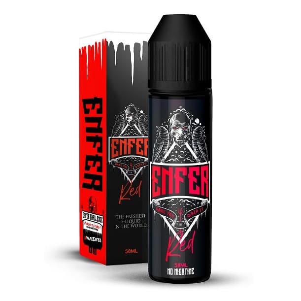 Flacon d'e-liquide Enfer Red 50ml avec boîte assortie, design noir et rouge avec illustration de tête de mort.