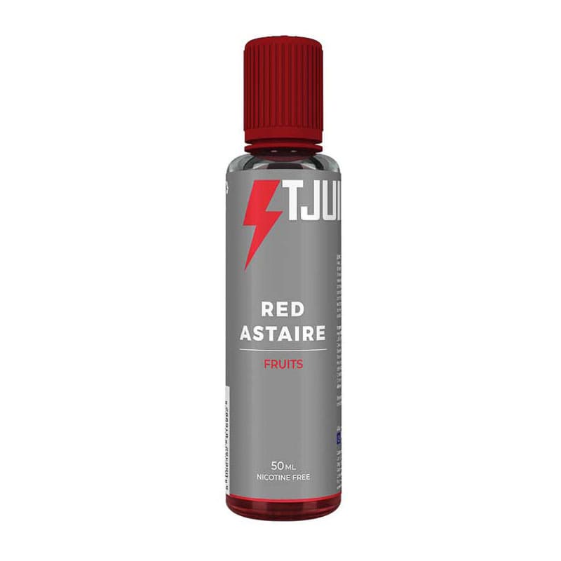 Flacon de 50ml T-Juice Red Astaire avec bouchon rouge, étiquette grise, logo éclair et mention 0mg de nicotine.