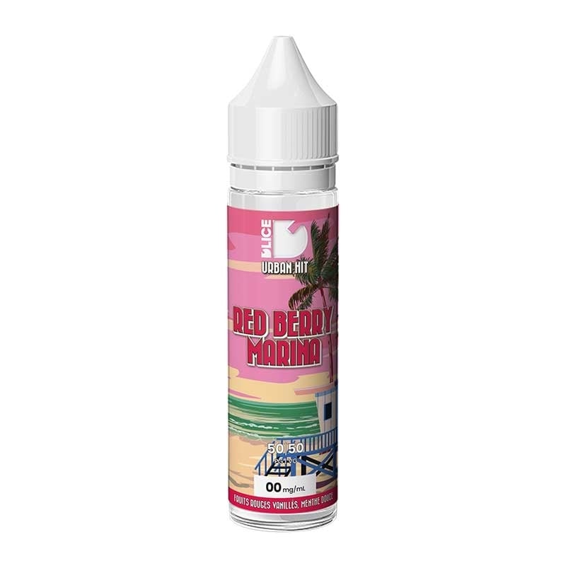 Flacon d'e-liquide 50ml D'LICE Urban Hit Red Berry Marina avec étiquette illustrée d'une plage au coucher du soleil.