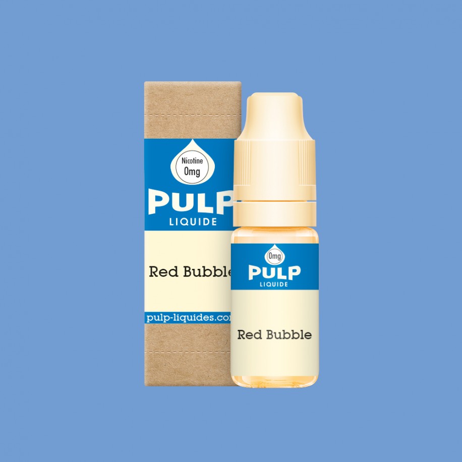 Flacon d'e-liquide PULP Original Red Bubble 10ml avec sa boîte en carton kraft et étiquette bleue sur fond uni.