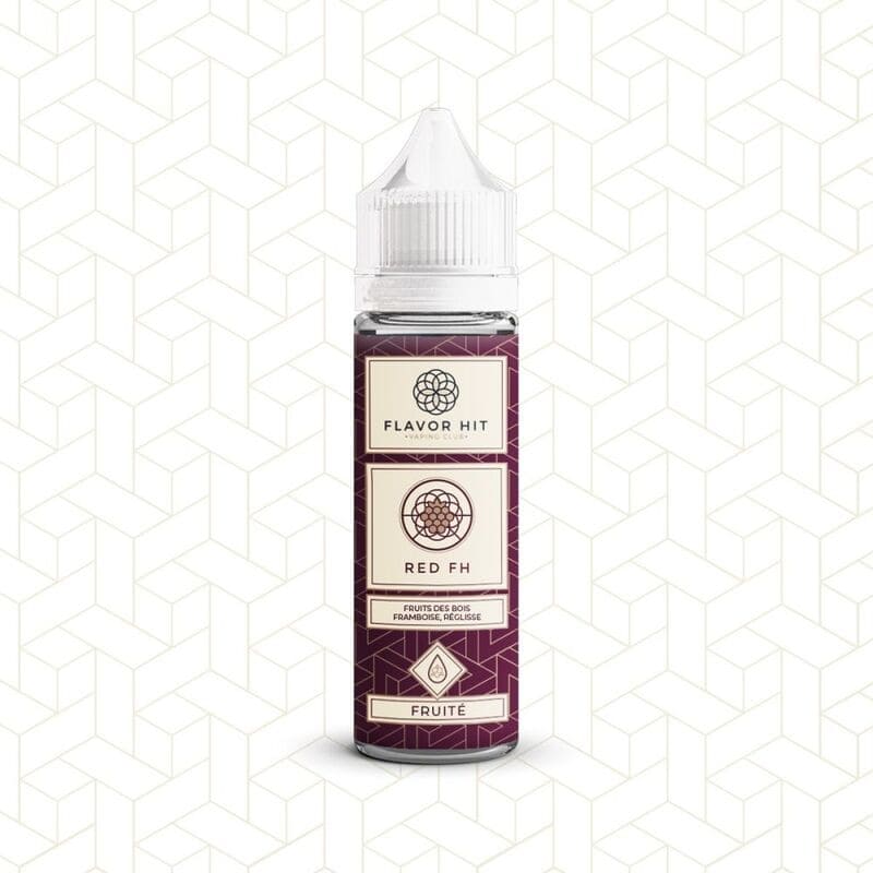 Flacon de 50ml d'e-liquide Red FH Flavor Hit avec étiquette bordeaux à motifs géométriques et bouchon blanc.