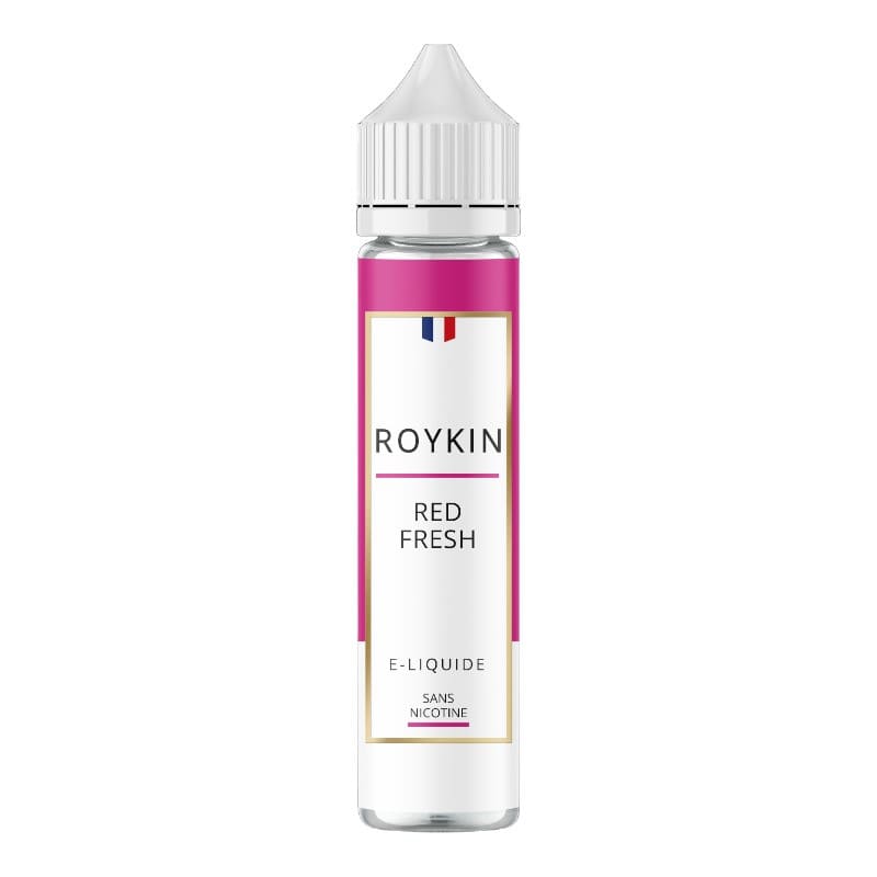Flacon d'e-liquide Roykin Red Fresh 50ml avec étiquette rose et blanche, bouchon blanc et logo drapeau français.