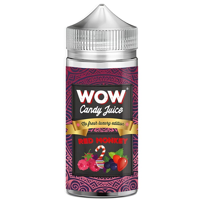 Flacon de 100ml E-liquide Red Monkey Wow Candy Juice avec étiquette rouge à motifs, fruits rouges et bonbon sur fond blanc.