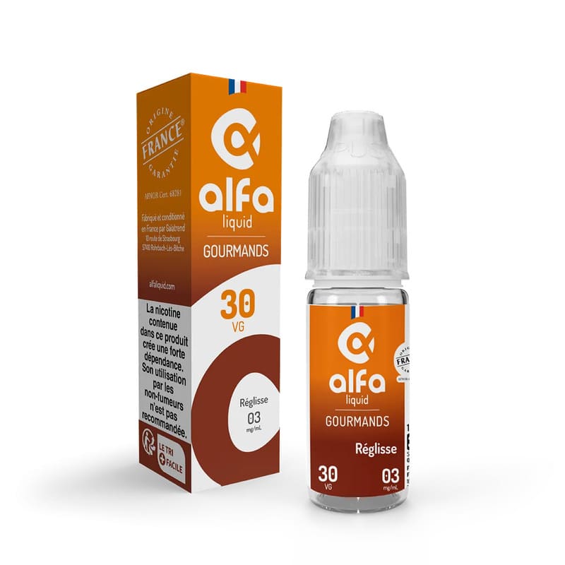 Flacon de 10ml d'e-liquide Alfaliquid Réglisse avec son emballage orange et marron, fabriqué en France.