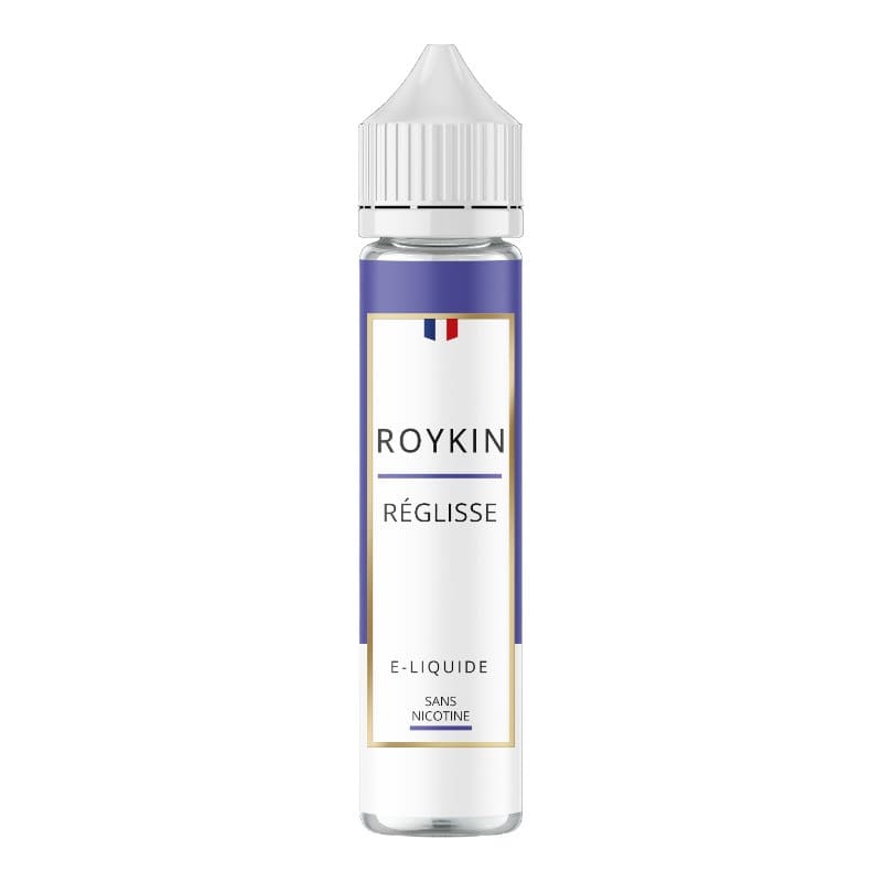 Flacon d'e-liquide Roykin Réglisse 50ml avec étiquette blanche, détails bleus et bouchon blanc sur fond blanc.