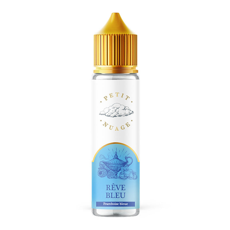Flacon d'e-liquide Petit Nuage Rêve Bleu 50ml avec bouchon doré et étiquette illustrée aux tons bleus.