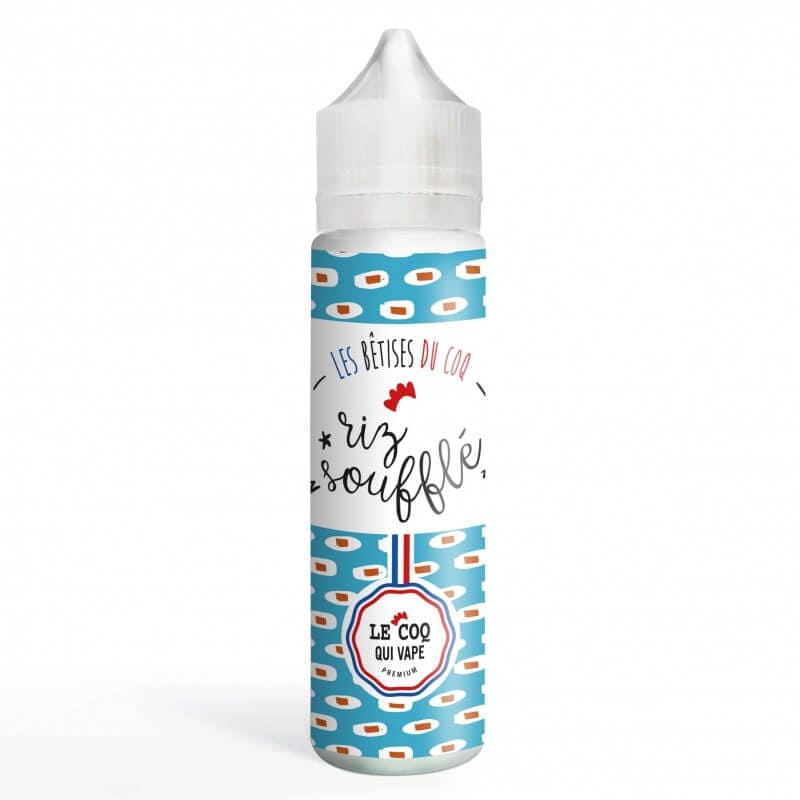 Flacon de 50ml d'e-liquide Riz Soufflé Le Coq Qui Vape avec étiquette bleue à motifs et bouchon blanc sur fond blanc.