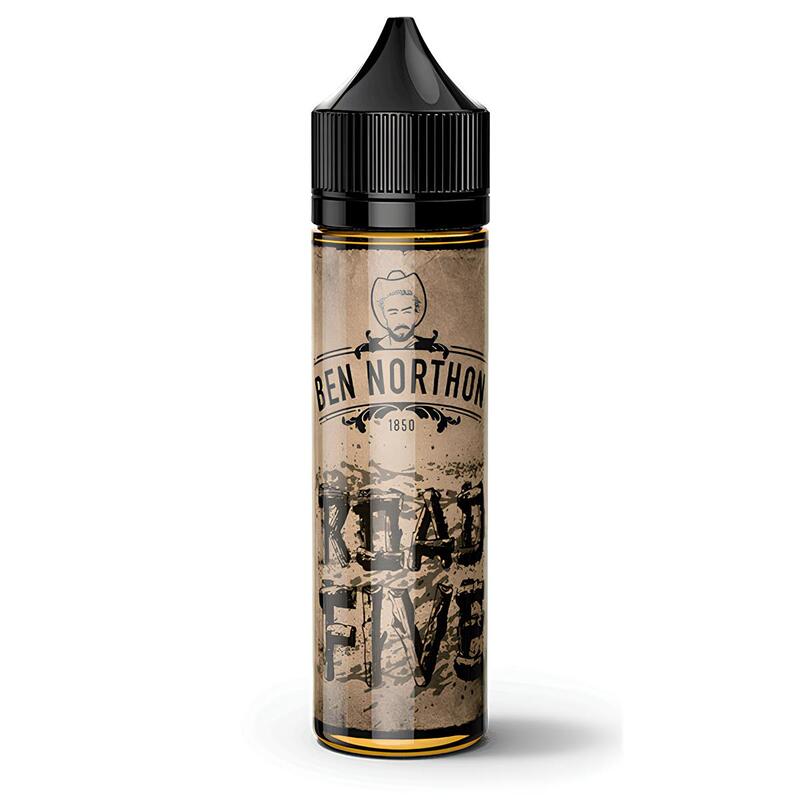 Flacon d'e-liquide Road Five 50ml Ben Northon avec étiquette au design western vintage et bouchon noir sur fond blanc.