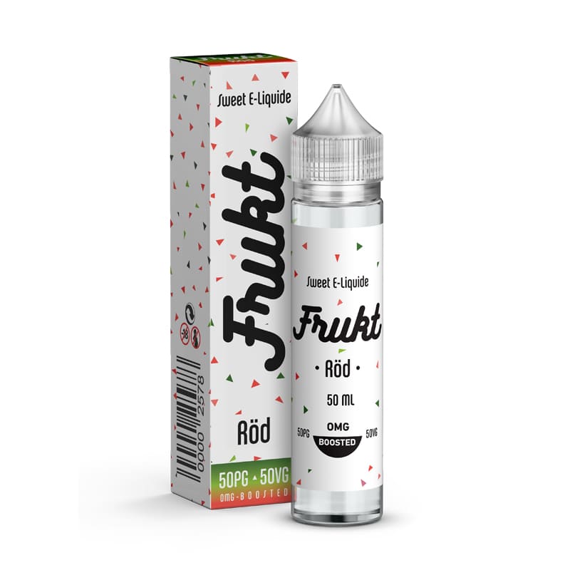 Flacon de 50ml d'e-liquide Frukt Röd Savourea avec boîte assortie, design blanc à motifs triangulaires colorés.