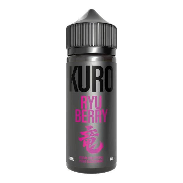 Flacon d'e-liquide Kuro Ryu Berry 80ml noir avec logo et texte rose vif sur fond blanc.