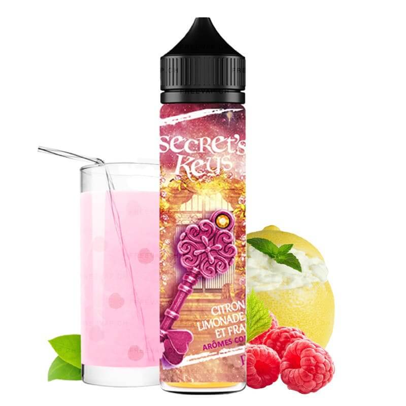 Flacon de 50ml Pink Key Secret's Lab avec illustration de clé rose, accompagné d'un verre de limonade, citron et framboises.