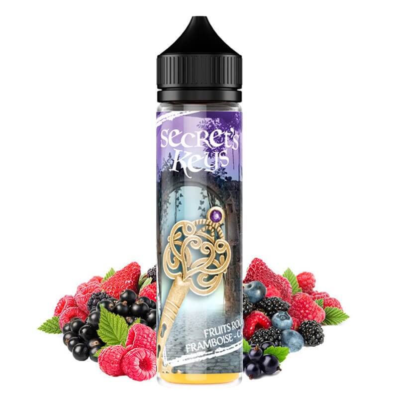 Flacon de 50ml d'e-liquide Purple Key Secret's Lab avec étiquette illustrée d'une clé dorée sur fond de fruits rouges.