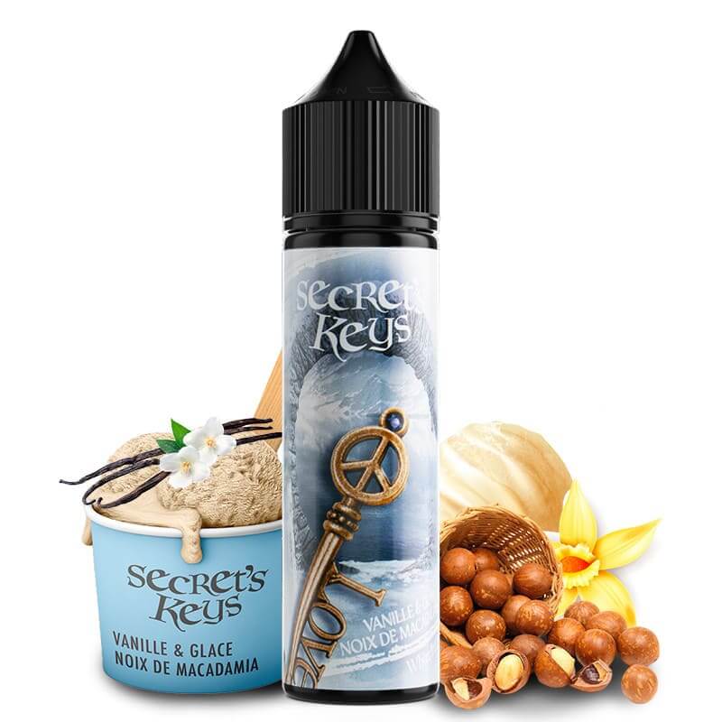 Flacon de 50ml White Key Secret's Lab avec illustration de clé, accompagné d'une glace vanille et de noix de macadamia.