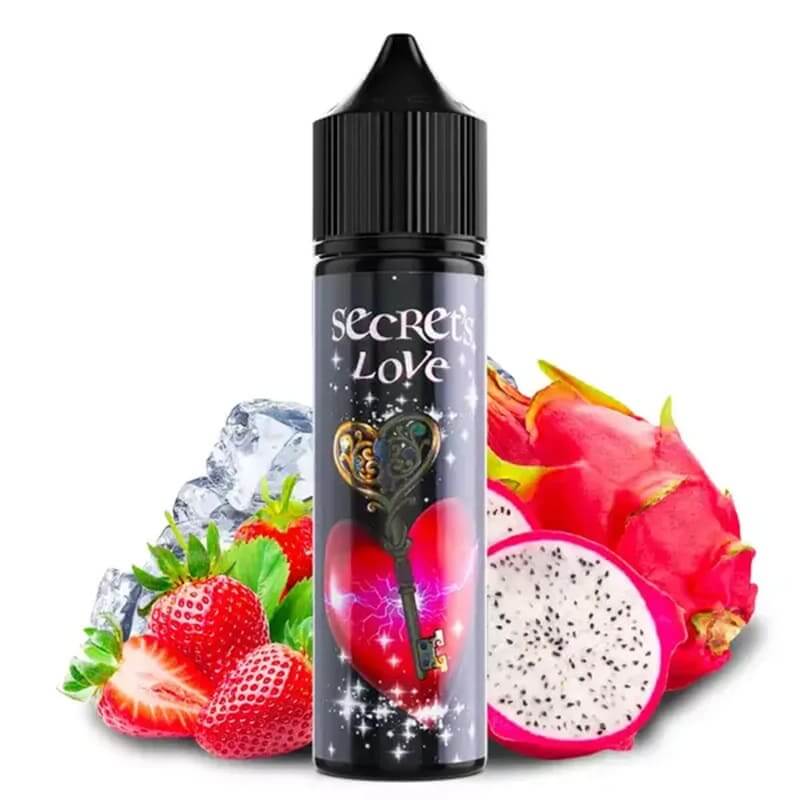 Flacon de 50ml Secret's Love avec illustration de clé, cœur, fraises fraîches et fruit du dragon sur fond blanc.