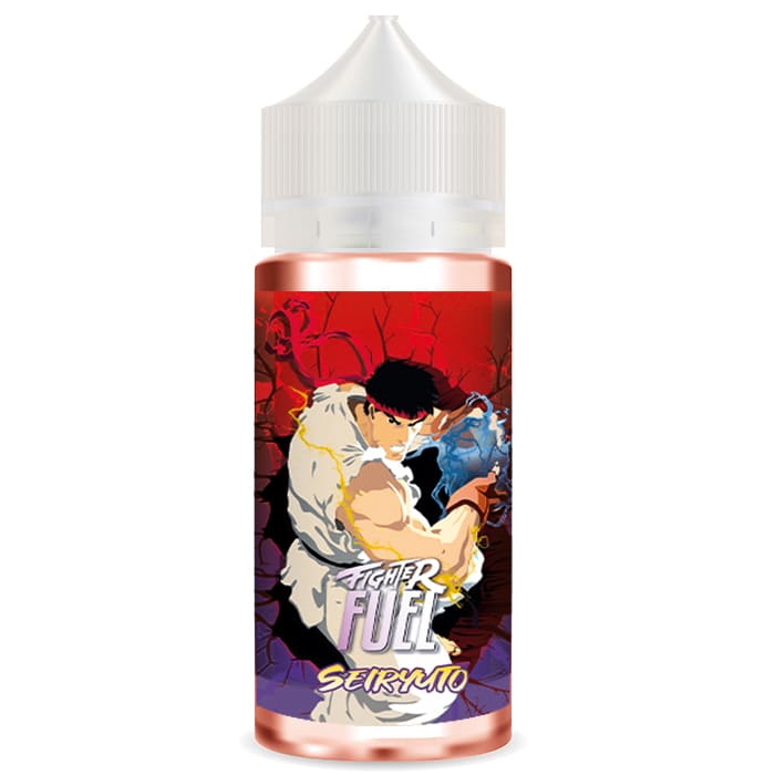 Flacon de e-liquide Fighter Fuel Seiryuto avec étiquette illustrée d'un combattant style manga sur fond rouge et violet.