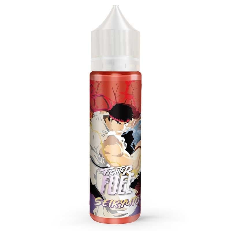 Flacon de e-liquide Fighter Fuel Seiryuto avec étiquette illustrée d'un combattant style manga sur fond rouge et blanc.