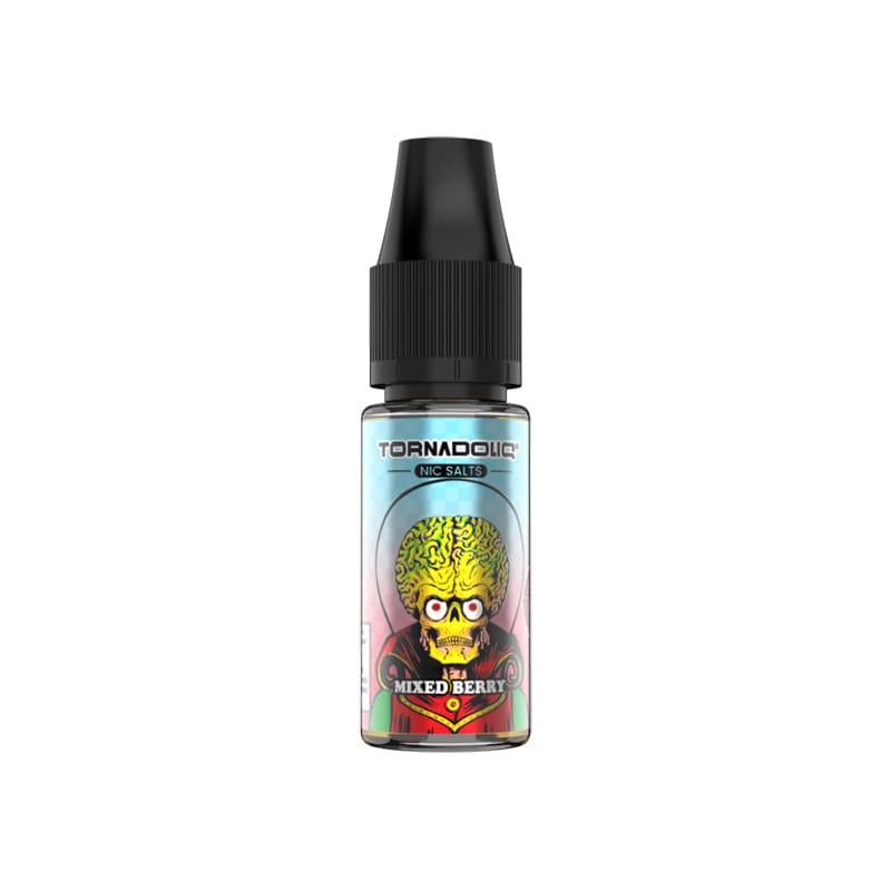 Flacon de 10ml d'e-liquide TornadoLiq Mixed Berry avec bouchon noir et étiquette illustrée d'un alien sur fond coloré.
