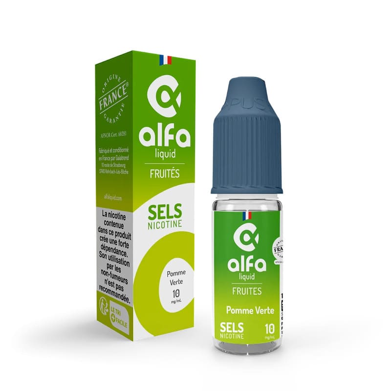 Flacon 10ml d'e-liquide Alfaliquid Pomme Verte aux sels de nicotine avec son emballage cartonné vert et blanc.