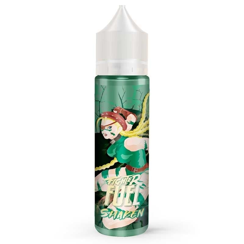 Flacon d'e-liquide Fighter Fuel Shaken avec illustration de personnage manga sur fond vert, bouchon blanc et design dynamique.