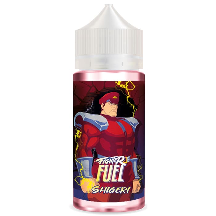 Flacon de e-liquide Fighter Fuel Shigeri avec étiquette illustrée d'un personnage de style manga sur fond rouge et électrique.