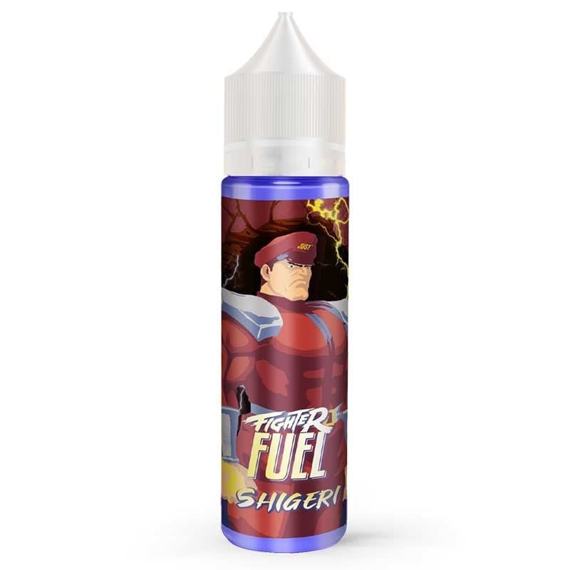 Flacon de e-liquide Fighter Fuel Shigeri avec étiquette illustrée style manga, bouchon blanc et liquide teinté violet.