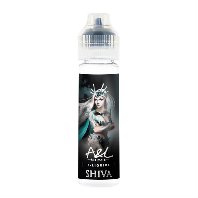 Flacon de 50ml d'e-liquide A&L Ultimate Shiva avec étiquette illustrée d'une guerrière glacée sur fond noir.