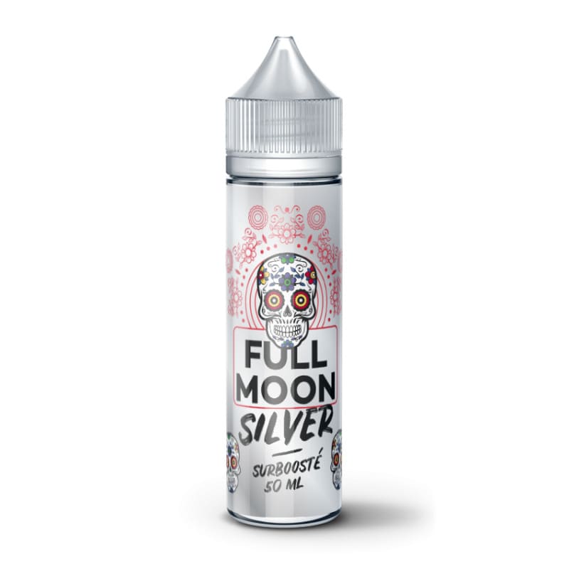 Flacon de 50 ml d'e-liquide Full Moon Silver avec étiquette blanche ornée d'un crâne coloré style mexicain et bouchon transparent.