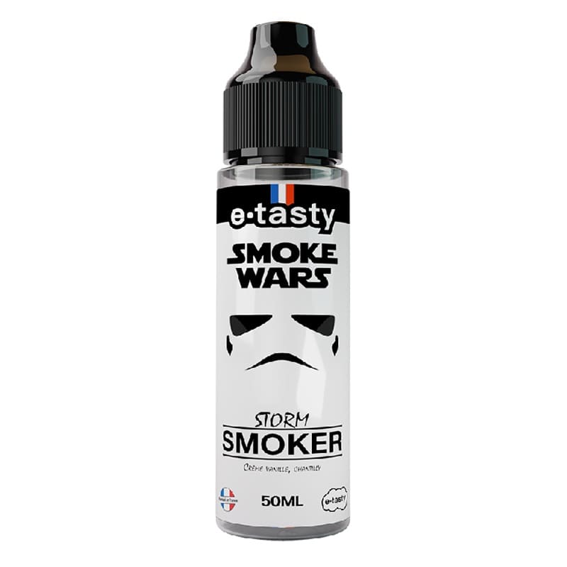 Flacon d'e-liquide E.Tasty Smoke Wars Storm Smoker 50ml avec étiquette blanche et illustration de casque de soldat.