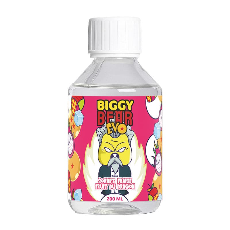 Flacon de 200ml Biggy Bear Sorbet Fraise Fruit du Dragon avec étiquette rose illustrée d'un personnage et de fruits.