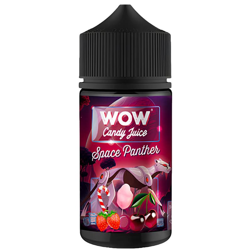 Flacon de 100ml E-liquide Space Panther Wow Candy Juice avec illustration de panthère futuriste, fraises et cerises.