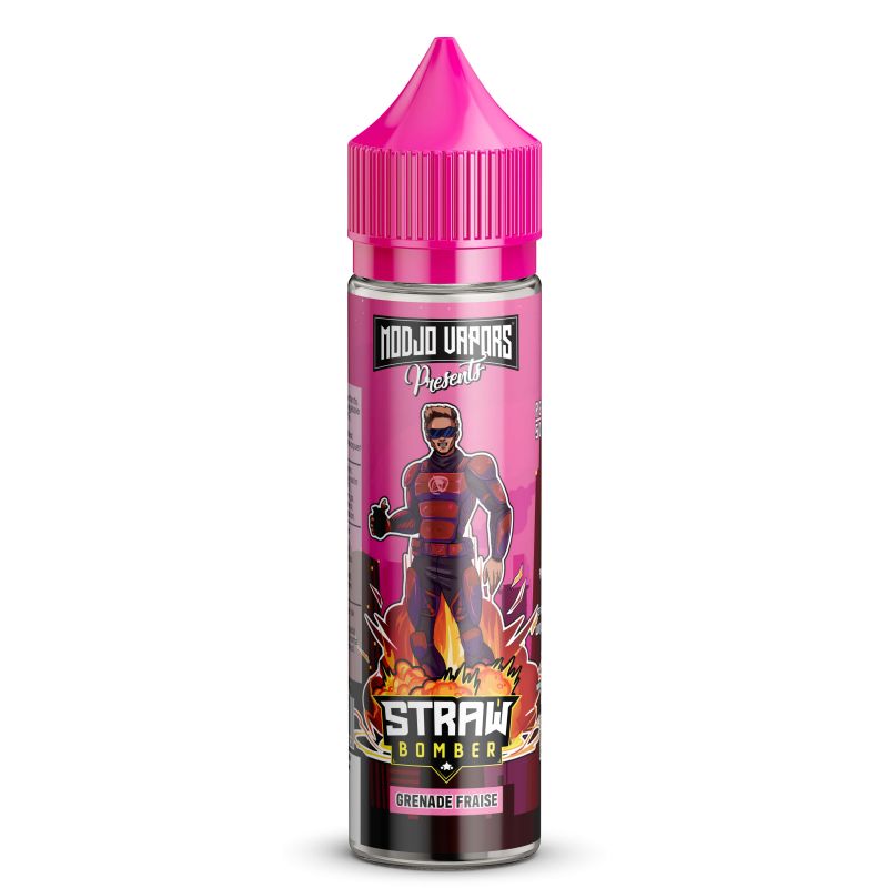 Flacon d'e-liquide Straw Bomber 50ml avec bouchon rose, étiquette illustrée d'un super-héros et explosion fruitée.