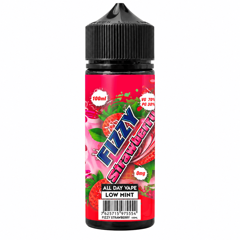 Flacon de 100ml d'e-liquide Fizzy Strawberry avec étiquette rouge vive, illustrations de fraises et bouchon noir.