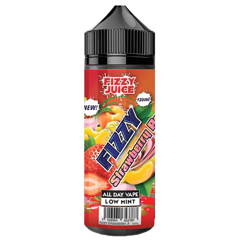 Flacon de 100ml Fizzy Juice Strawberry Peach avec étiquette colorée illustrant des fraises et des pêches juteuses.