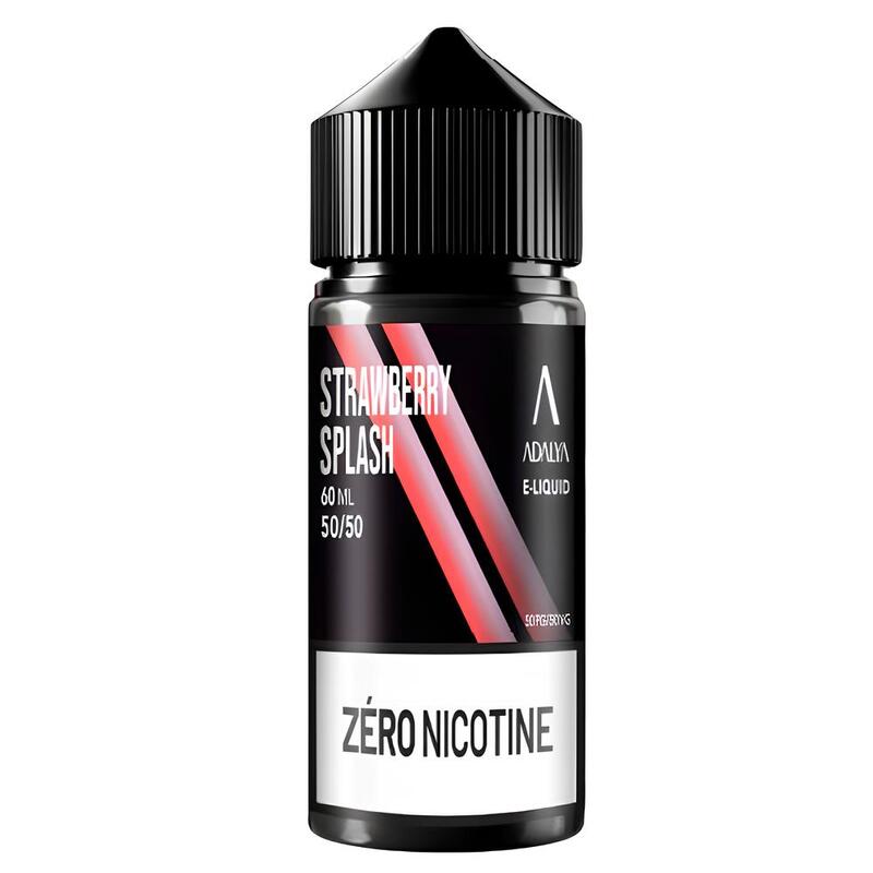 Flacon d'e-liquide Adalya Strawberry Splash 60ml avec étiquette noire, touches rouges et bouchon noir à vis.