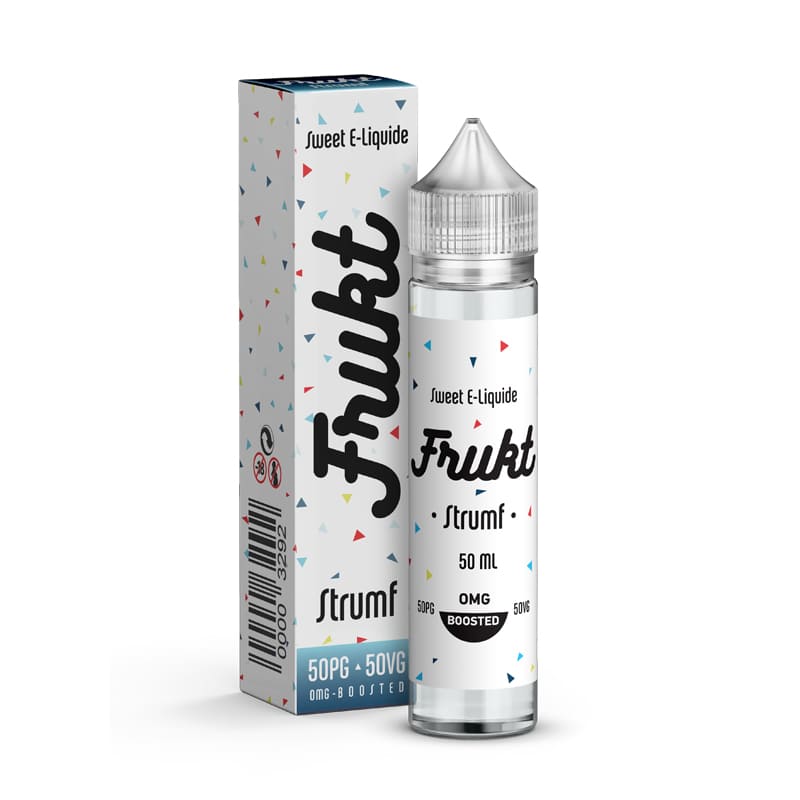 Flacon de 50ml d'e-liquide Frukt Strumf Savourea avec boîte blanche décorée de confettis colorés et bouchon transparent.