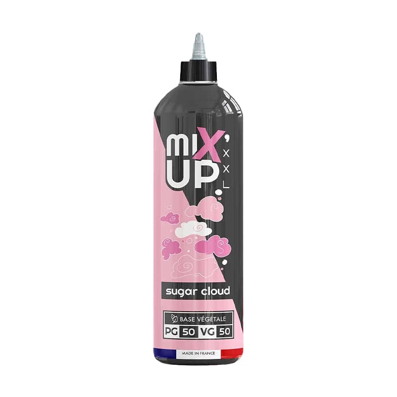 Flacon d'e-liquide Mix'Up Sugar Cloud 1L, design noir et rose avec motifs de nuages, base végétale 50/50, fabriqué en France.