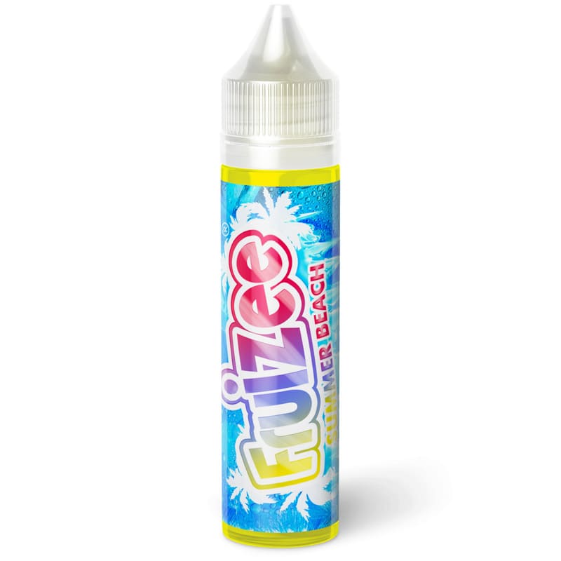 Flacon d'e-liquide Fruizee Summer Beach 50ml avec étiquette bleue tropicale, logo coloré et bouchon transparent.