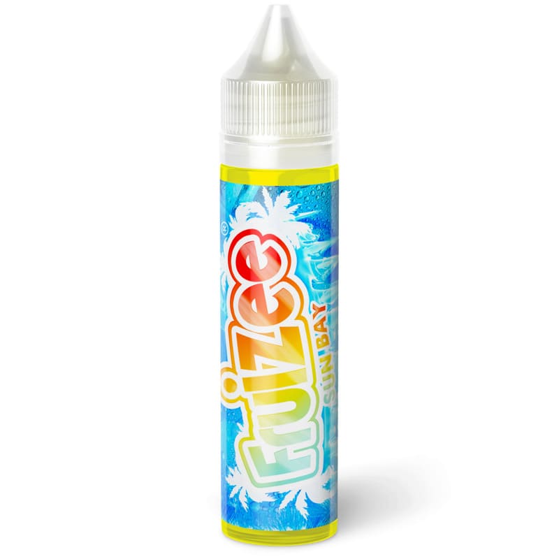 Flacon de 50ml d'e-liquide Fruizee Sun Bay avec étiquette bleue tropicale, logo coloré et bouchon transparent.