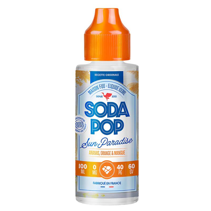 Flacon d'e-liquide The Fuu Soda Pop Sun Paradise 100ml avec bouchon orange et étiquette aux motifs tropicaux.